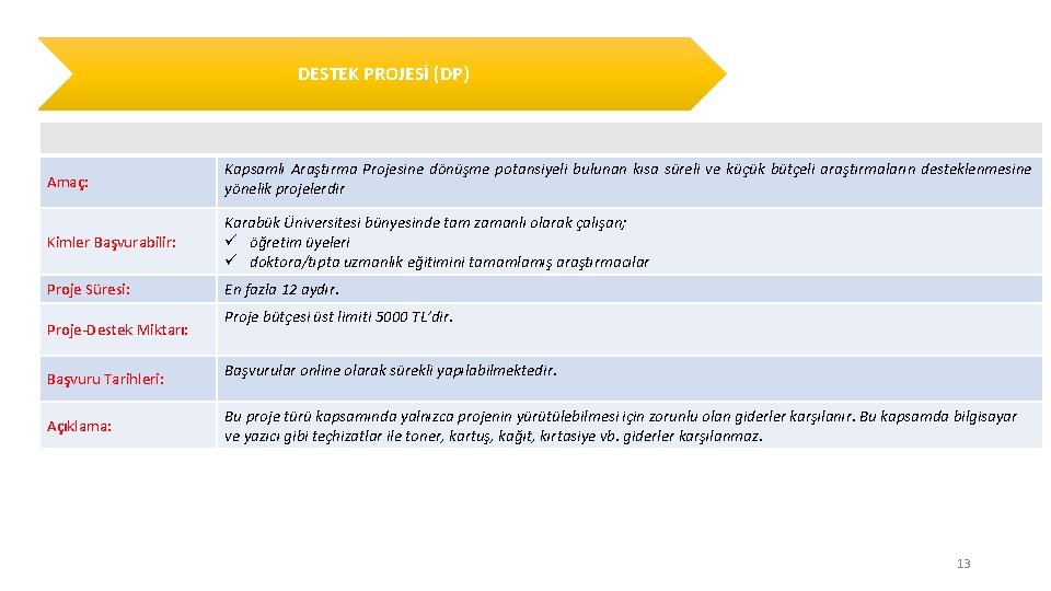 DESTEK PROJESİ (DP) Amaç: Kapsamlı Araştırma Projesine dönüşme potansiyeli bulunan kısa süreli ve küçük