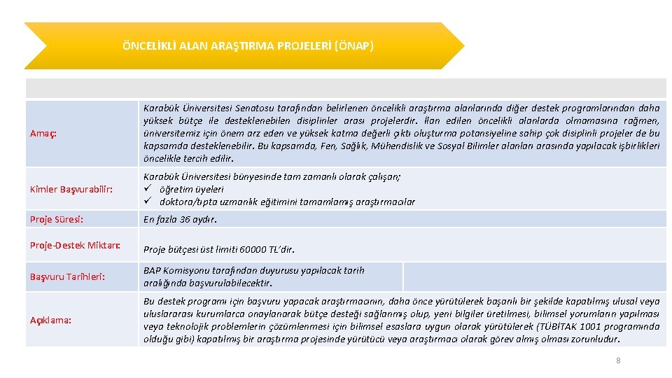 ÖNCELİKLİ ALAN ARAŞTIRMA PROJELERİ (ÖNAP) Amaç: Karabük Üniversitesi Senatosu tarafından belirlenen öncelikli araştırma alanlarında