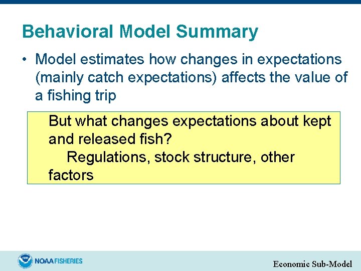 Behavioral Model Summary • Model estimates how changes in expectations (mainly catch expectations) affects