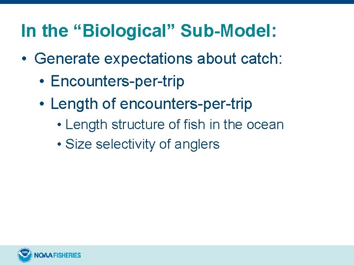 In the “Biological” Sub-Model: • Generate expectations about catch: • Encounters-per-trip • Length of