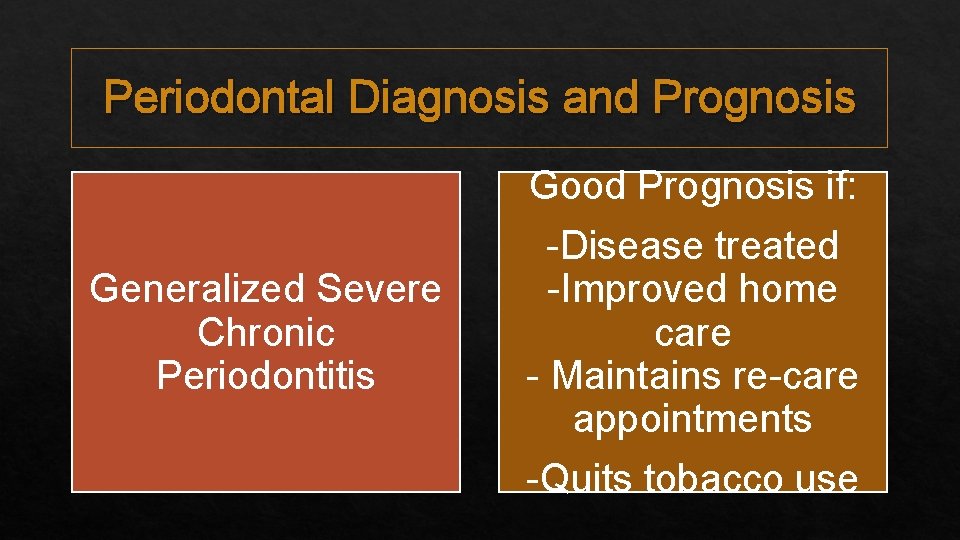 Periodontal Diagnosis and Prognosis Generalized Severe Chronic Periodontitis Good Prognosis if: -Disease treated -Improved