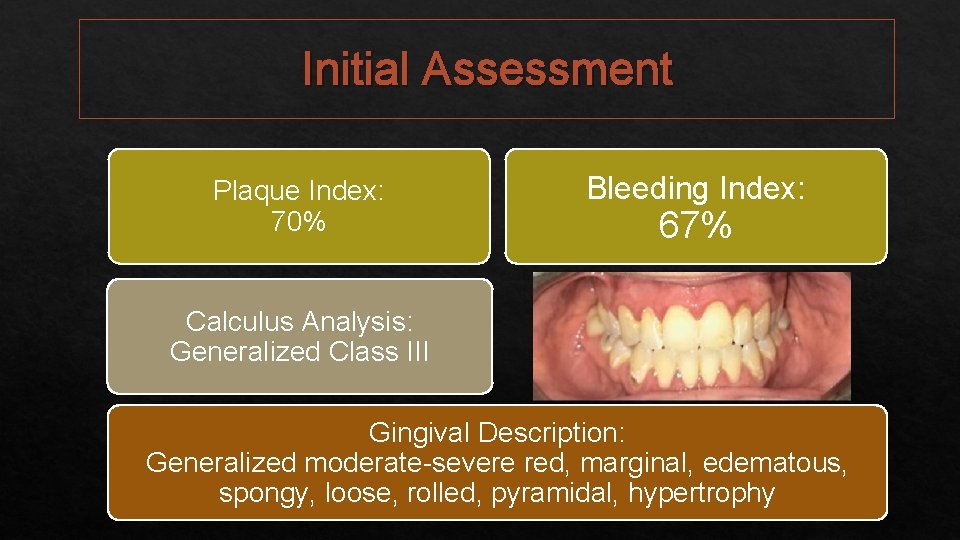 Initial Assessment Plaque Index: 70% Bleeding Index: 67% Calculus Analysis: Generalized Class III Gingival