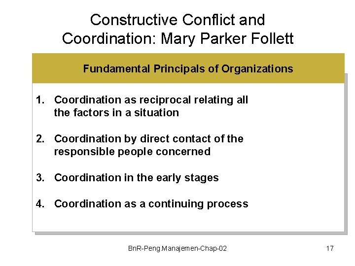 Constructive Conflict and Coordination: Mary Parker Follett Fundamental Principals of Organizations 1. Coordination as