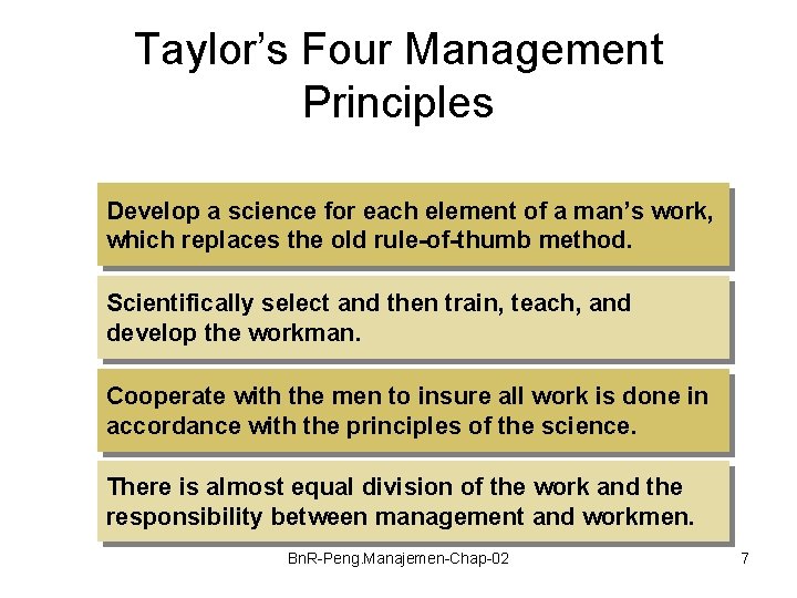 Taylor’s Four Management Principles Develop a science for each element of a man’s work,