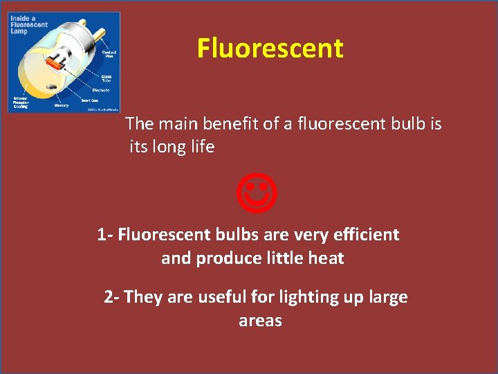 Fluorescent The main benefit of a fluorescent bulb is its long life 1 -