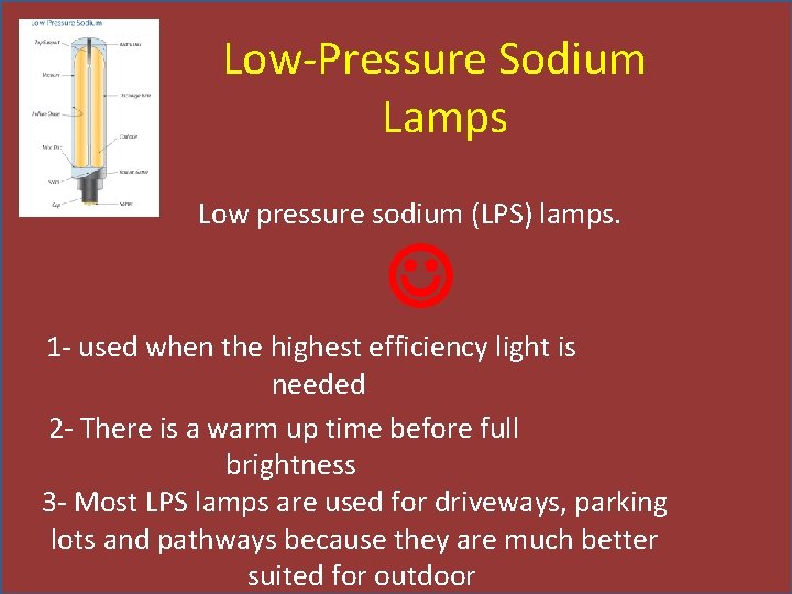 Low-Pressure Sodium Lamps Low pressure sodium (LPS) lamps. 1 - used when the highest