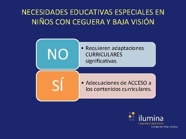 NECESIDADES EDUCATIVAS ESPECIALES EN NIÑOS CON CEGUERA Y BAJA VISIÓN NO SÍ • Requieren