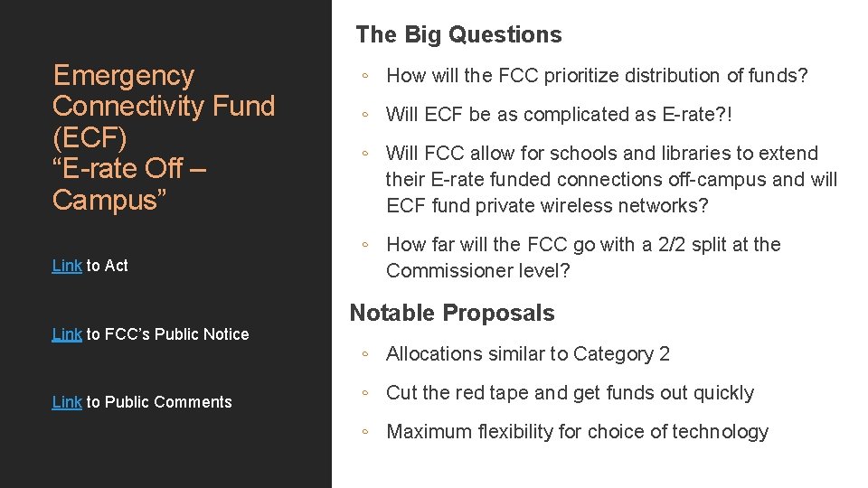 The Big Questions Emergency Connectivity Fund (ECF) “E-rate Off – Campus” Link to Act