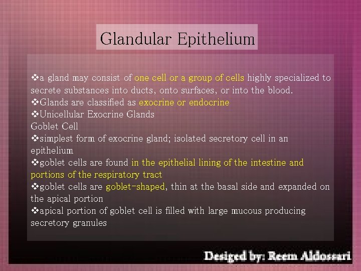 Glandular Epithelium va gland may consist of one cell or a group of cells