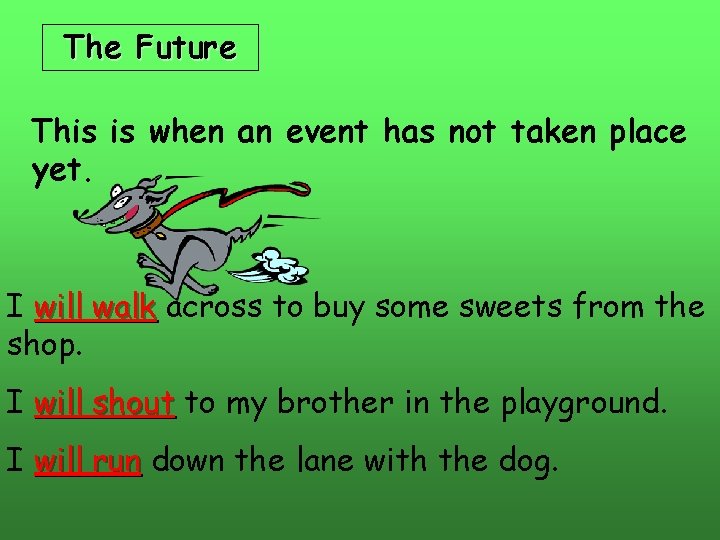 The Future This is when an event has not taken place yet. I will