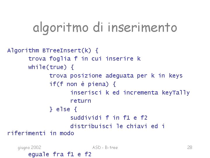 algoritmo di inserimento Algorithm BTree. Insert(k) { trova foglia f in cui inserire k