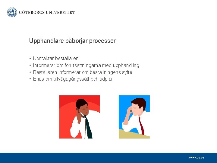 Upphandlare påbörjar processen • • Kontaktar beställaren Informerar om förutsättningarna med upphandling Beställaren informerar