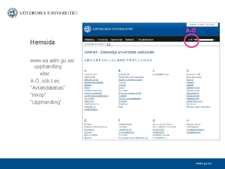 A-Ö Hemsida www. ea. adm. gu. se/ upphandling eller A-Ö, sök t. ex. ”Avtalsdatabas”