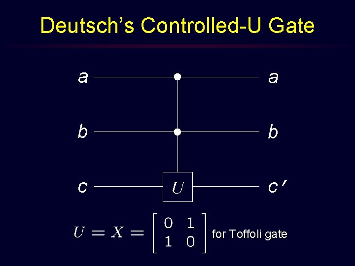 Deutsch’s Controlled-U Gate a a b b c U c’ for Toffoli gate 