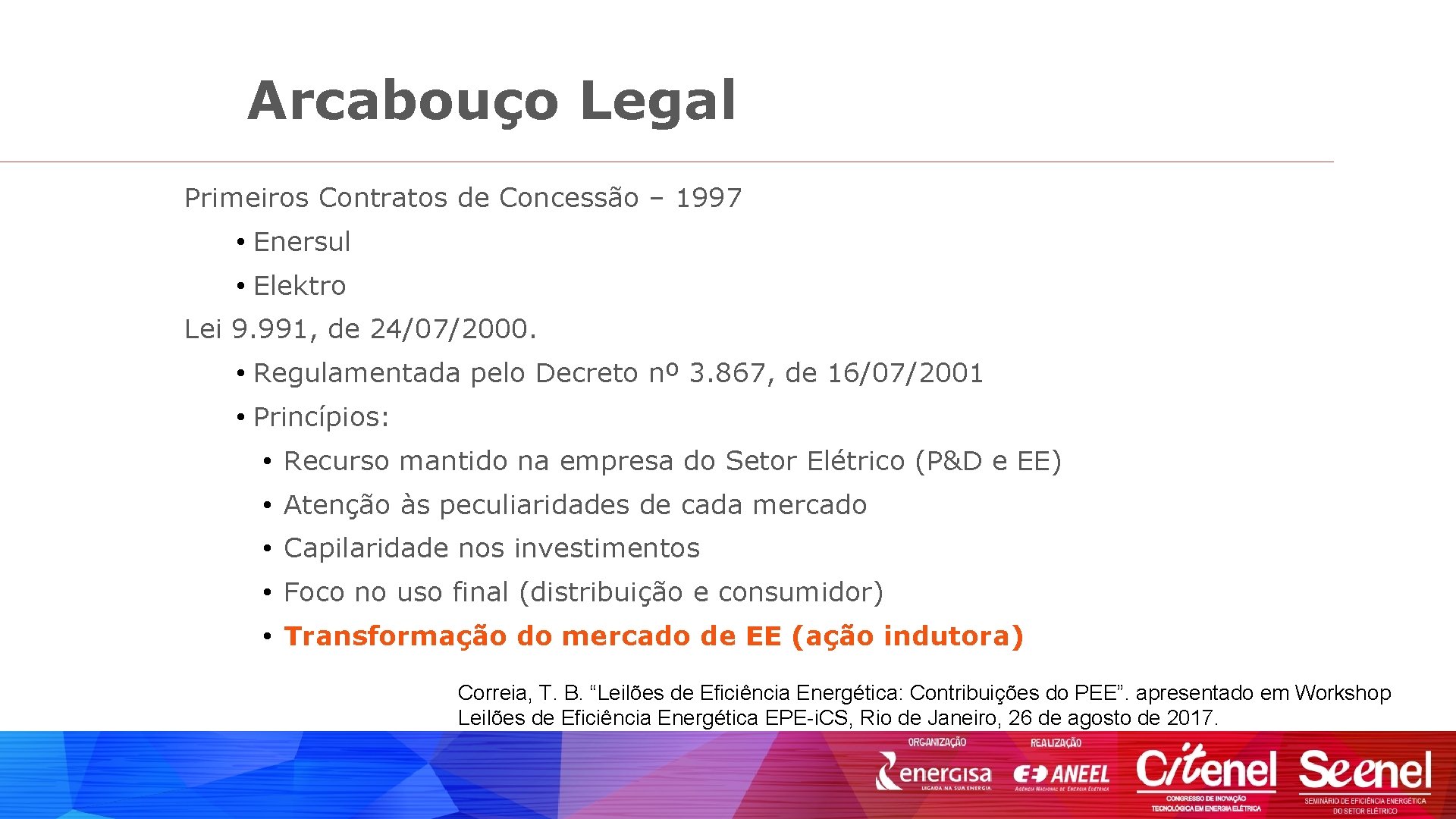 Arcabouço Legal Primeiros Contratos de Concessão – 1997 • Enersul • Elektro Lei 9.
