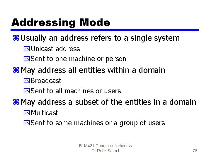 Addressing Mode z Usually an address refers to a single system y. Unicast address