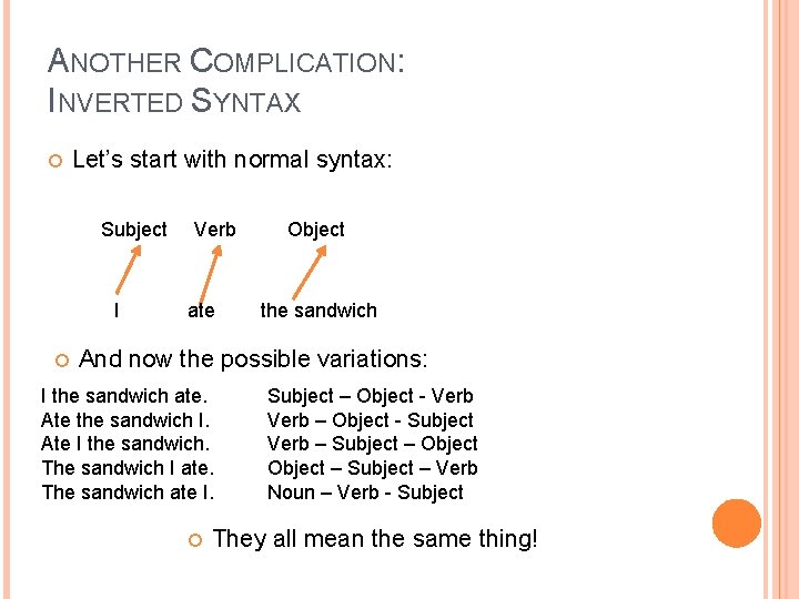 ANOTHER COMPLICATION: INVERTED SYNTAX Let’s start with normal syntax: Subject I Verb ate Object