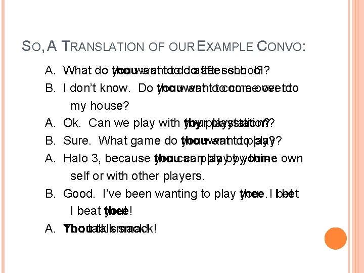 SO, A TRANSLATION OF OUR EXAMPLE CONVO: A. What do you thouwanttotodo doafterschool? B.