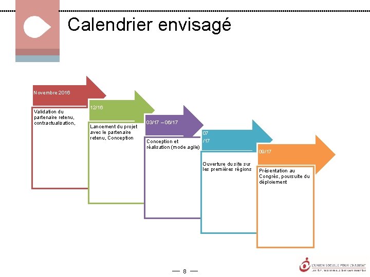 Calendrier envisagé Novembre 2016 Validation du partenaire retenu, contractualisation, 12/16 Lancement du projet avec