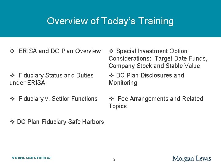 Overview of Today’s Training v ERISA and DC Plan Overview v Special Investment Option