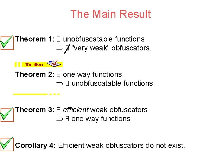 The Main Result Theorem 1: unobfuscatable functions “very weak” obfuscators. Theorem 2: one way