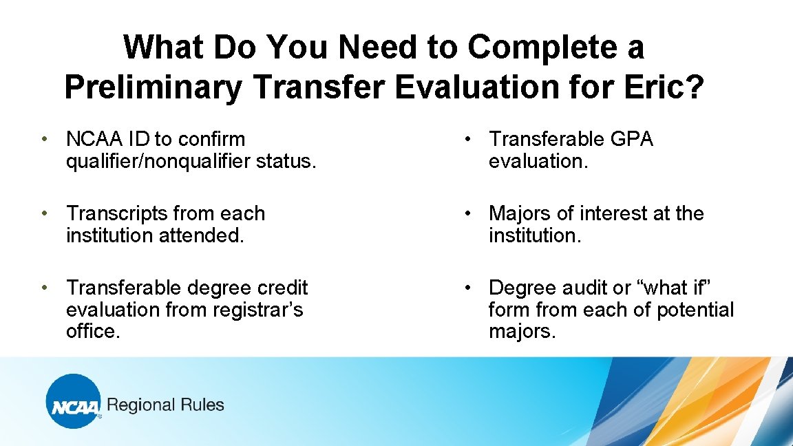 What Do You Need to Complete a Preliminary Transfer Evaluation for Eric? • NCAA