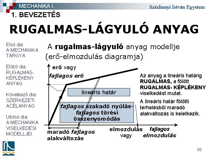 MECHANIKA I. Széchenyi István Egyetem 1. BEVEZETÉS RUGALMAS-LÁGYULÓ ANYAG Első dia: A MECHANIKA TÁRGYA