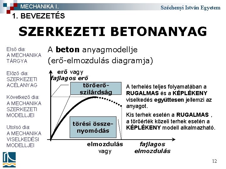 MECHANIKA I. Széchenyi István Egyetem 1. BEVEZETÉS SZERKEZETI BETONANYAG Első dia: A MECHANIKA TÁRGYA