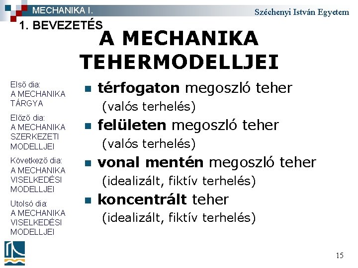 MECHANIKA I. Széchenyi István Egyetem 1. BEVEZETÉS A MECHANIKA TEHERMODELLJEI Első dia: A MECHANIKA