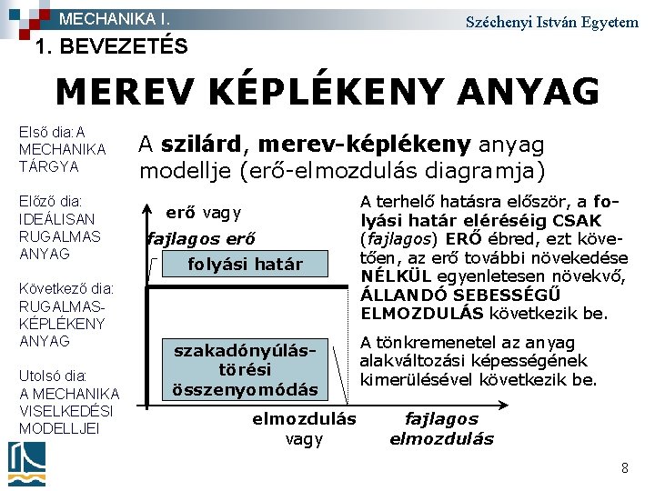 MECHANIKA I. Széchenyi István Egyetem 1. BEVEZETÉS MEREV KÉPLÉKENY ANYAG Első dia: A MECHANIKA