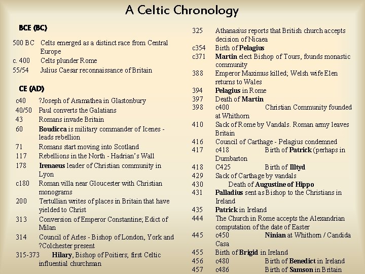 A Celtic Chronology BCE (BC) 500 BC Celts emerged as a distinct race from