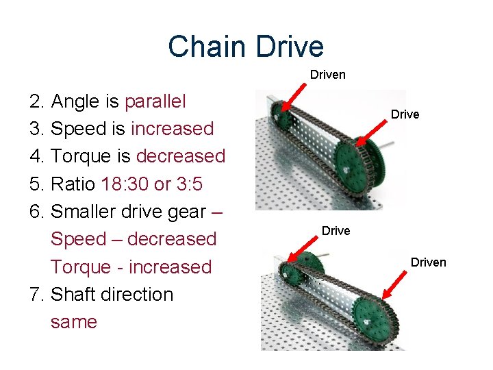 Chain Driven 2. Angle is parallel 3. Speed is increased 4. Torque is decreased