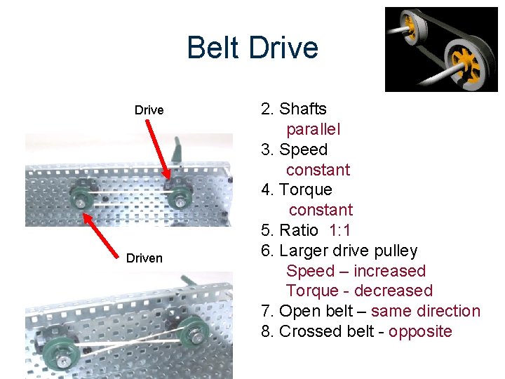 Belt Driven 2. Shafts parallel 3. Speed constant 4. Torque constant 5. Ratio 1: