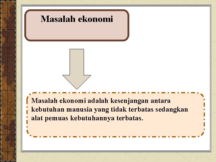 Masalah ekonomi adalah kesenjangan antara kebutuhan manusia yang tidak terbatas sedangkan alat pemuas kebutuhannya