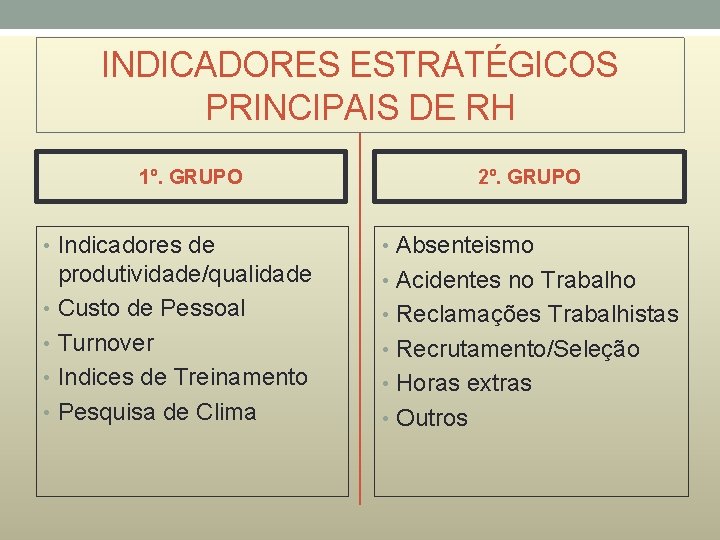 INDICADORES ESTRATÉGICOS PRINCIPAIS DE RH 1º. GRUPO 2º. GRUPO • Indicadores de • Absenteismo