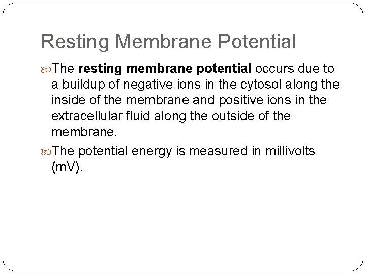 Resting Membrane Potential The resting membrane potential occurs due to a buildup of negative