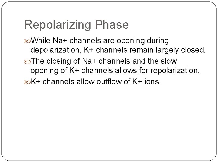 Repolarizing Phase While Na+ channels are opening during depolarization, K+ channels remain largely closed.