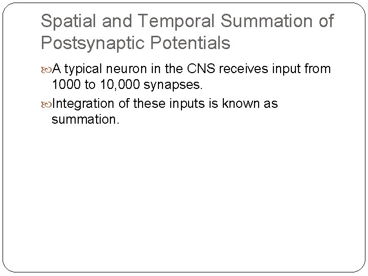 Spatial and Temporal Summation of Postsynaptic Potentials A typical neuron in the CNS receives