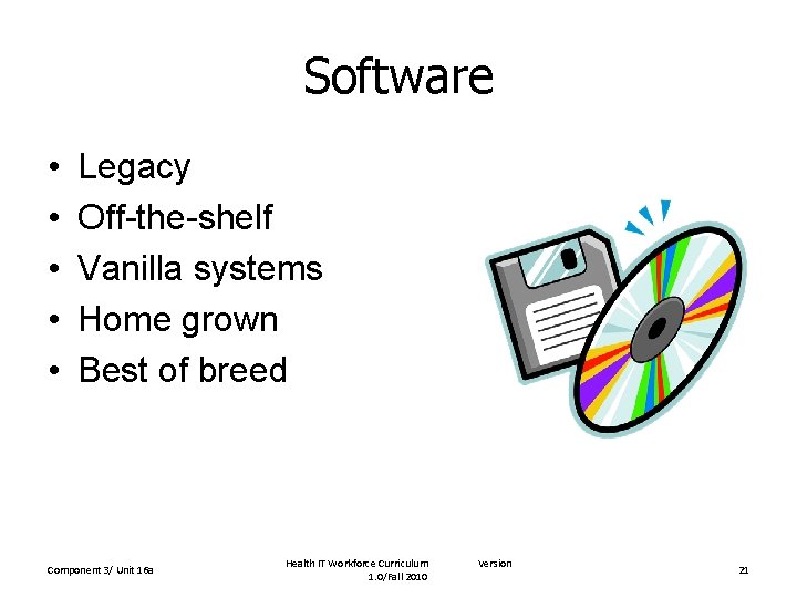 Software • • • Legacy Off-the-shelf Vanilla systems Home grown Best of breed Component