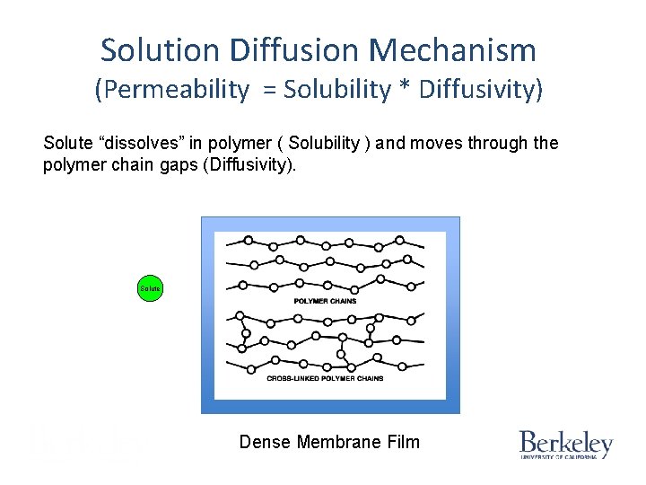 Solution Diffusion Mechanism (Permeability = Solubility * Diffusivity) Solute “dissolves” in polymer ( Solubility Solution Diffusion Mechanism (Permeability = Solubility * Diffusivity) Solute “dissolves” in polymer ( Solubility