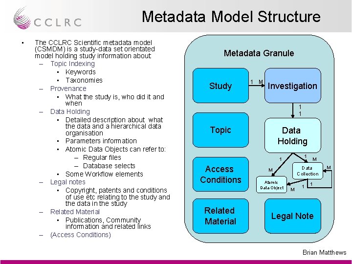 Metadata Model Structure • The CCLRC Scientific metadata model (CSMDM) is a study-data set