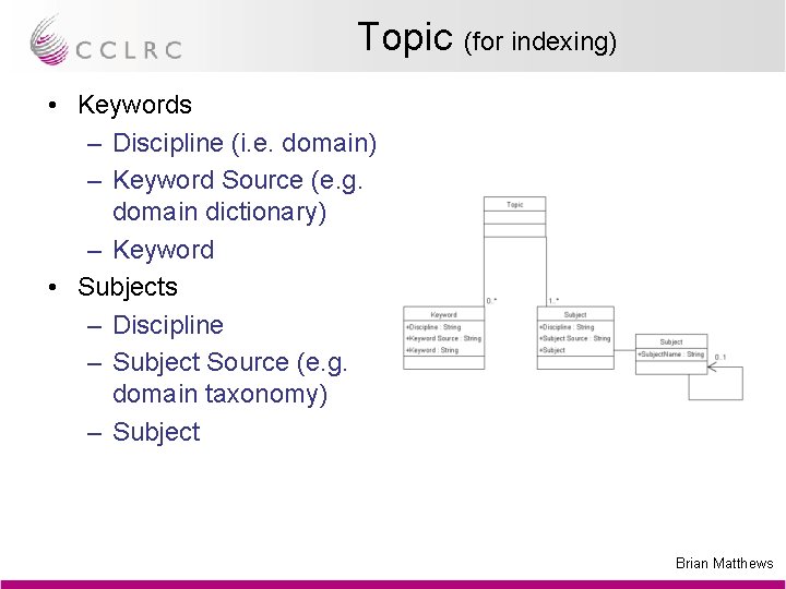 Topic (for indexing) • Keywords – Discipline (i. e. domain) – Keyword Source (e.