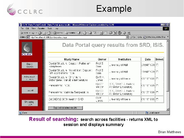 Example Result of searching: search across facilities - returns XML to session and displays