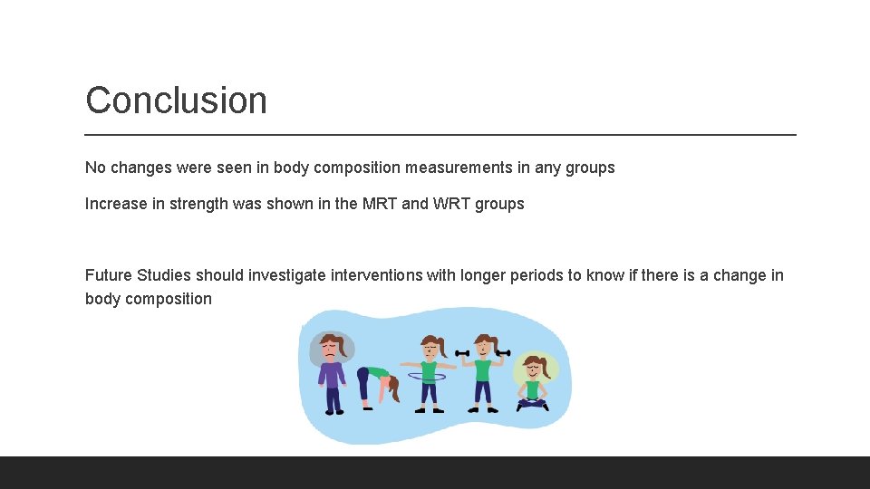Conclusion No changes were seen in body composition measurements in any groups Increase in