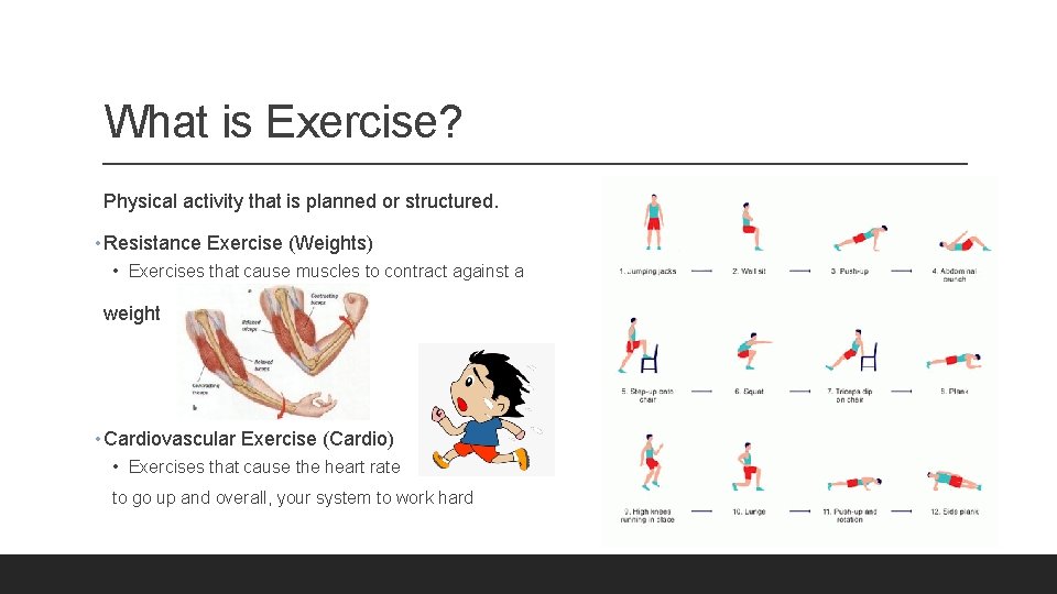 What is Exercise? Physical activity that is planned or structured. • Resistance Exercise (Weights)