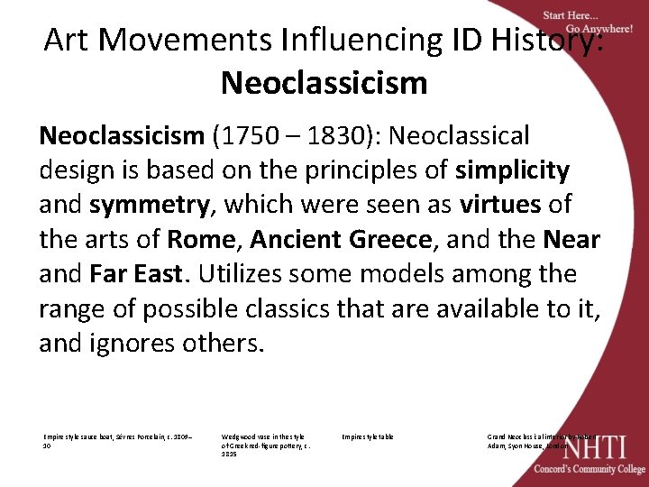 Art Movements Influencing ID History: Neoclassicism (1750 – 1830): Neoclassical design is based on