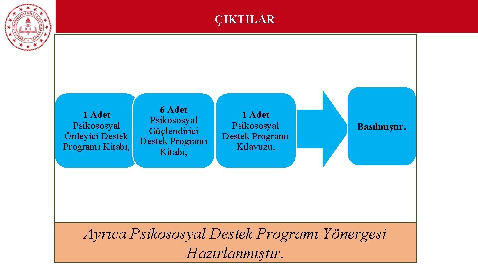 ÇIKTILAR 1 Adet Psikososyal Önleyici Destek Programı Kitabı, 6 Adet Psikososyal Güçlendirici Destek Programı