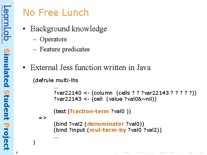 No Free Lunch • Background knowledge Simulated Student Project – Operators – Feature predicates