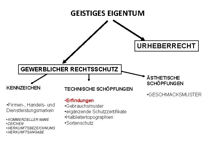 GEISTIGES EIGENTUM URHEBERRECHT GEWERBLICHER RECHTSSCHUTZ KENNZEICHEN ÄSTHETISCHE SCHÖPFUNGEN TECHNISCHE SCHÖPFUNGEN • GESCHMACKSMUSTER • Firmen-,