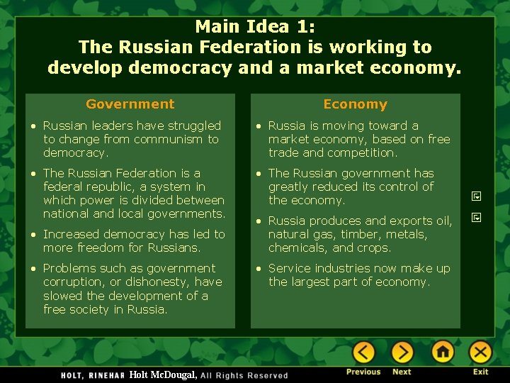 Main Idea 1: The Russian Federation is working to develop democracy and a market
